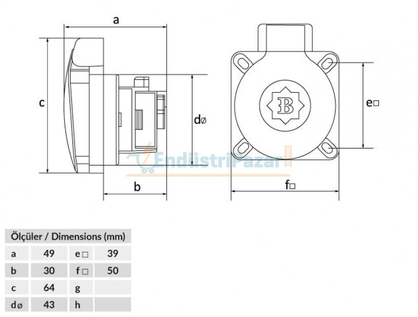 1*16A Pano Priz (Fransız UPS - Yatay Giriş) IP44 BY8-1402-2705 BEMİS
