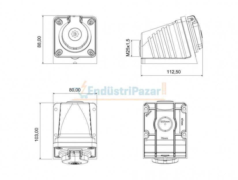 1*16A 90° Eğik Duvar Priz IP44 BP1-1402-2535 BEMİS