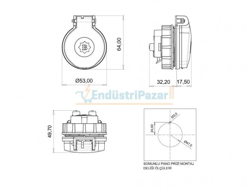 1*16A Hızlı Bağlantılı Somunlu Pano Prizi (Çocuk Koruma Kilitli) IP44 BY8-1402-2476 BEMİS
