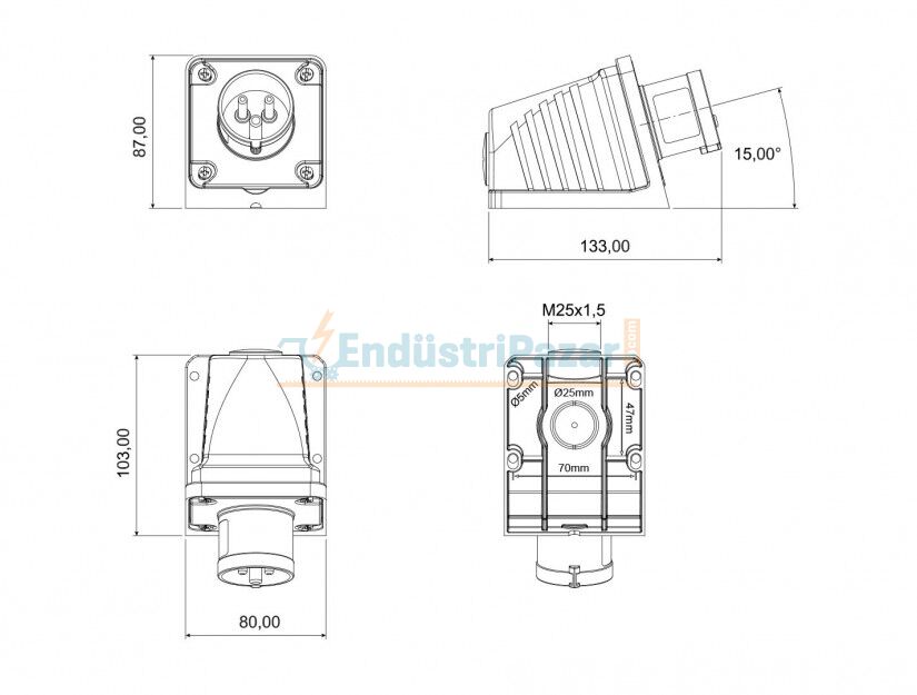 3*16A 110V 90° Eğik Duvar Fiş IP44 BC1-1303-2236 BEMİS