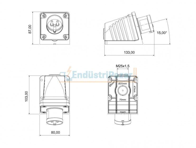 3*16A 220V 90° Eğik Duvar Fiş IP44 BC1-1403-2236 BEMİS
