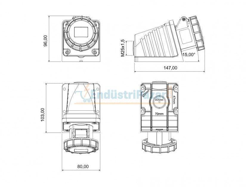 3*16A 220V 90° Eğik Duvar Priz IP67 BC1-1403-7535 BEMİS