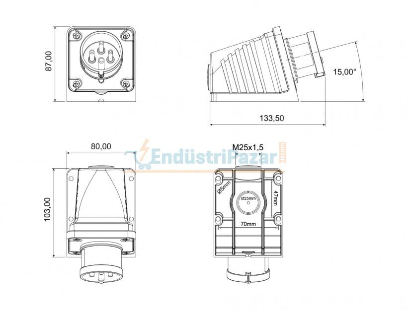 4*16A 380V 90° Eğik Duvar Fiş IP44 BC1-1504-2236 BEMİS