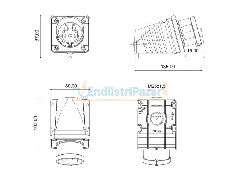 5*16A 380V 90° Eğik Duvar Fiş IP44 BC1-1505-2236 BEMİS