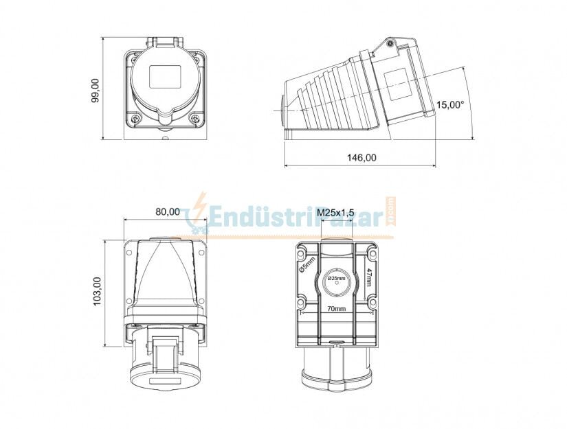 5*16A 380V 90° Eğik Duvar Priz IP44 BC1-1505-2535 BEMİS