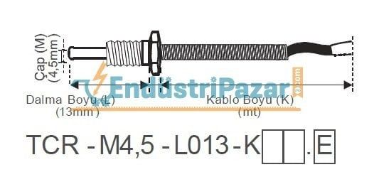 TCR-M4,5-L013-K05.K.M6 DALMA BOYU 13MM TÜP ÇAP 4,5 MM M6 OYNAR REKORLU 5MT KABLOLU BAYONET K TİPİ TERMOKUPL EMKO