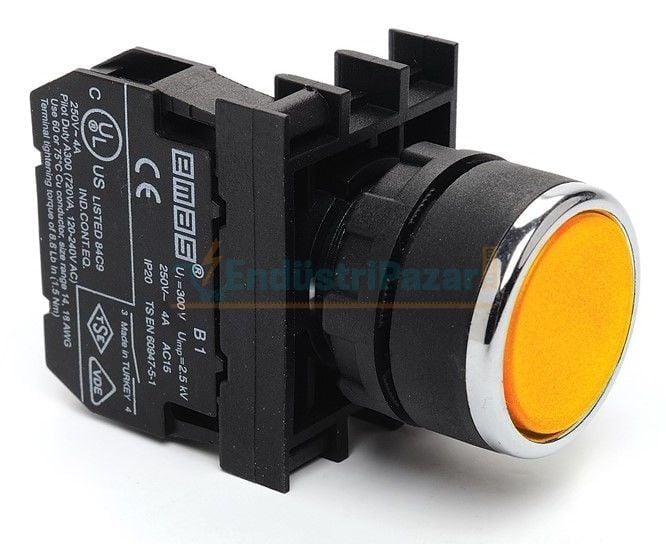Düz Kafalı Yaylı 1NA Start Butonu Sarı 22mm IP50 B100DS EMAS