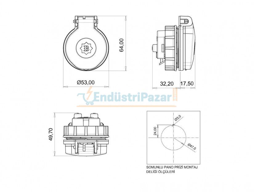 1*16A Hızlı Bağlantılı Somunlu Pano Prizi (Çocuk Koruma Kilitli) IP44 BY8-1402-2476 BEMİS
