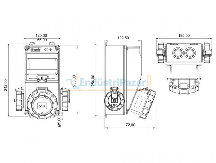 Ön 5*32A 380V 1 Adet - Yan 1*16A 220V 2 Adet Prizli Kombinasyon IP66 BD1-6130-2020 BEMİS