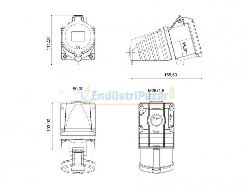 3*32A 110V 90° Eğik Duvar Priz IP44 BC1-3303-2535 BEMİS
