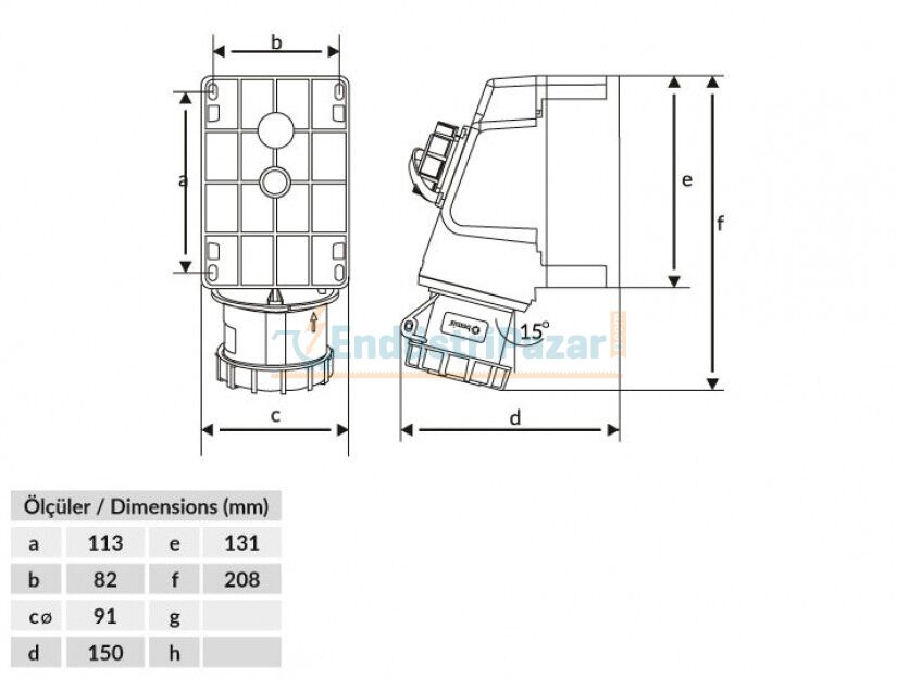 3*32A 110V 90° Eğik Makine Prizli Duvar Prizi IP67 BC1-3303-7537 BEMİS