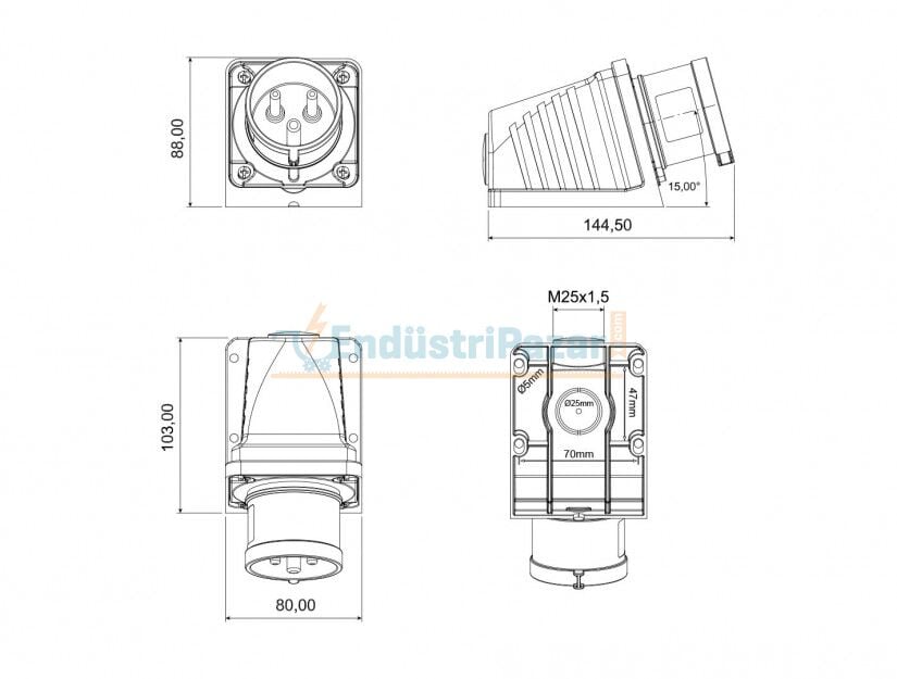 3*32A 220V 90° Eğik Duvar Fiş IP44 BC1-3403-2236 BEMİS