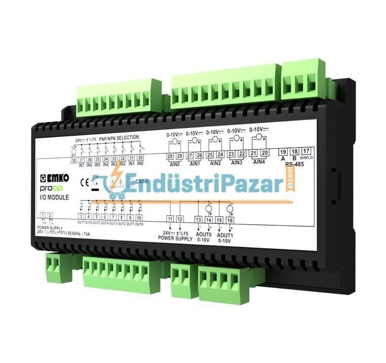 Proop-I/O.P.2.2.1.3.1.1 (RS-485 + 8* Dijital Giriş + 8*Dijital Çıkış (Transistör-10A) + 5*PT-100 Analog Giriş (-200...+650C) + 2*4...20mA Analog Çıkış) I/O Modül EMKO