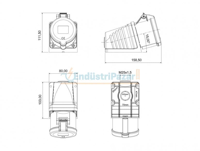 3*32A 220V 90° Eğik Duvar Priz IP44 BC1-3403-2535 BEMİS