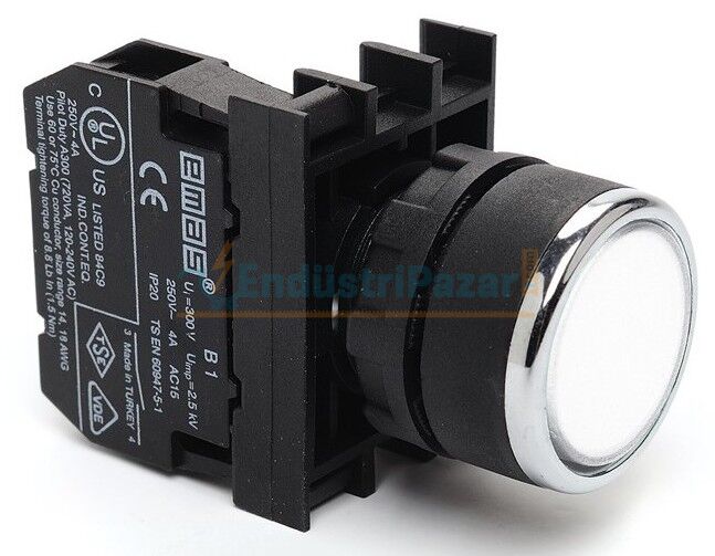 1NO Yaylı Düz Beyaz 22mm Buton B100DB EMAS