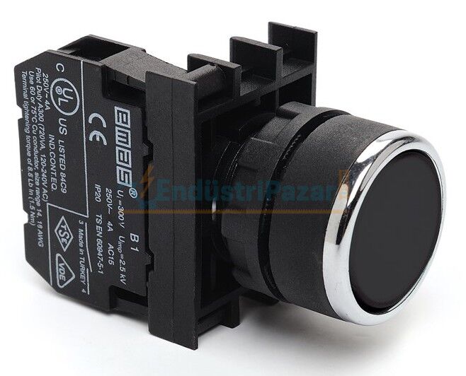 1NO Yaylı Düz Siyah 22mm Buton B100DH EMAS