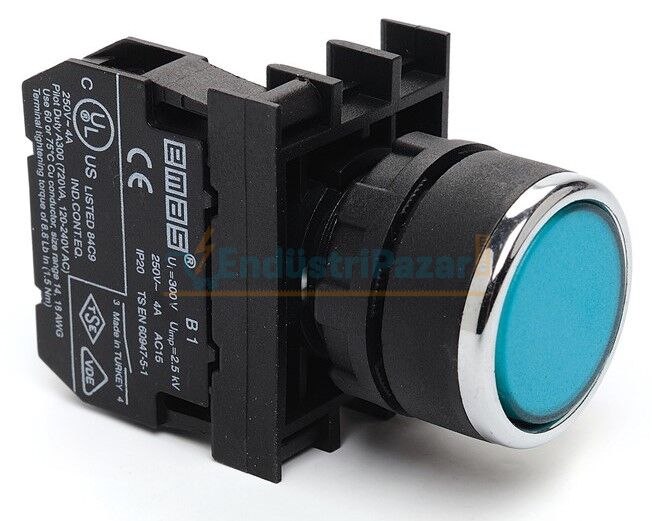 1NO Yaylı Düz Mavi 22mm Buton B100DM EMAS