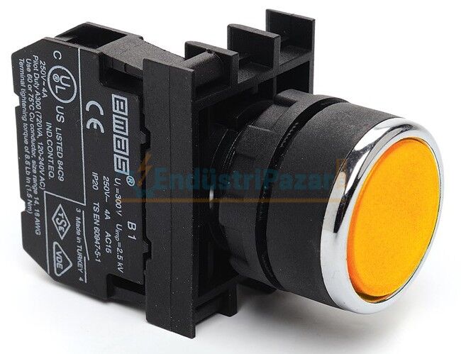 1NO Yaylı Düz Sarı 22mm Buton B100DS EMAS
