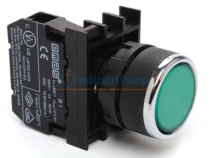 1NO Yaylı Düz Yeşil 22mm Buton B100DY EMAS
