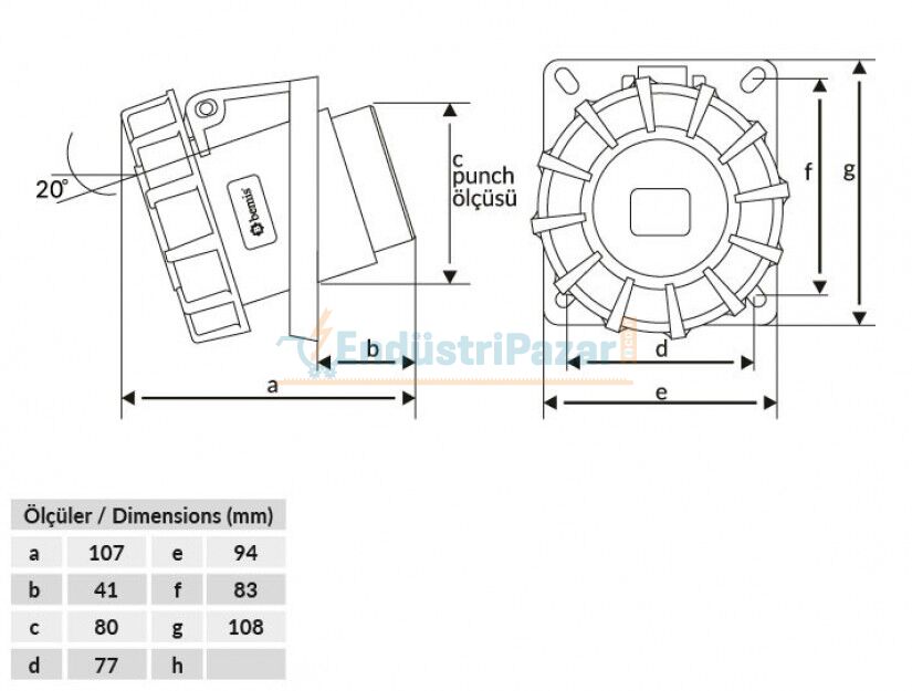 3*32A 220V 45° Eğik Makine Priz IP67 BC1-3403-7420 BEMİS