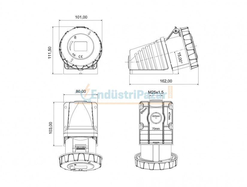 3*32A 220V 90° Eğik Duvar Priz IP67 BC1-3403-7535 BEMİS