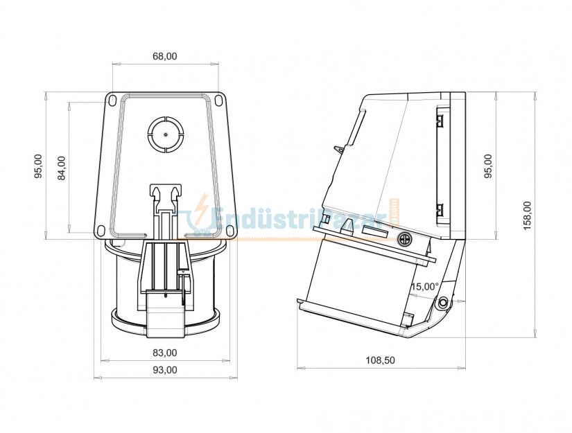 4*32A 380V 90° Eğik Duvar Fiş (Yaylı Kapaklı) IP44 BC1-3504-2235 BEMİS