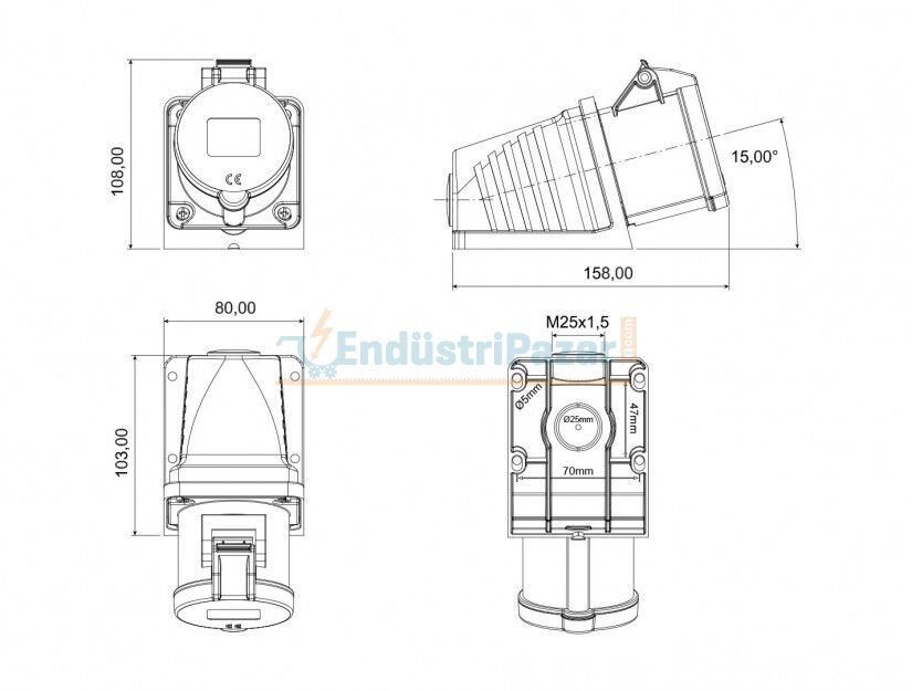 4*32A 380V 90° Eğik Duvar Priz IP44 BC1-3504-2535 BEMİS