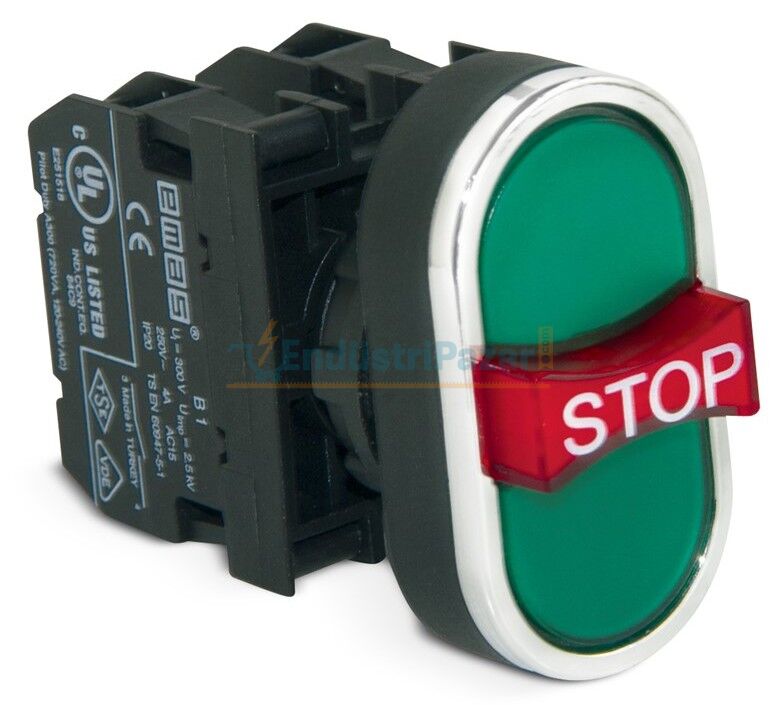 1NO+1NC+1NO Üçlü 1 Çıkık Stop Yeşil-Yeşil 22mm Buton B121B30YY EMAS