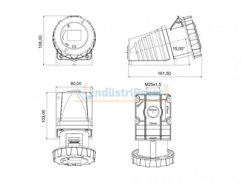 4*32A 380V 90° Eğik Duvar Priz IP67 BC1-3504-7535 BEMİS