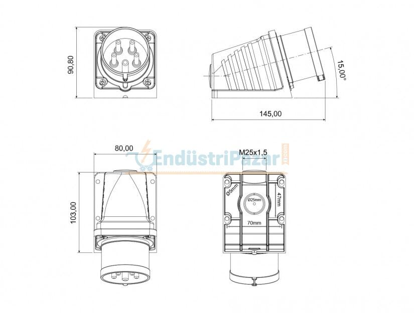 5*32A 380V 90° Eğik Duvar Fiş IP44 BC1-3505-2236 BEMİS