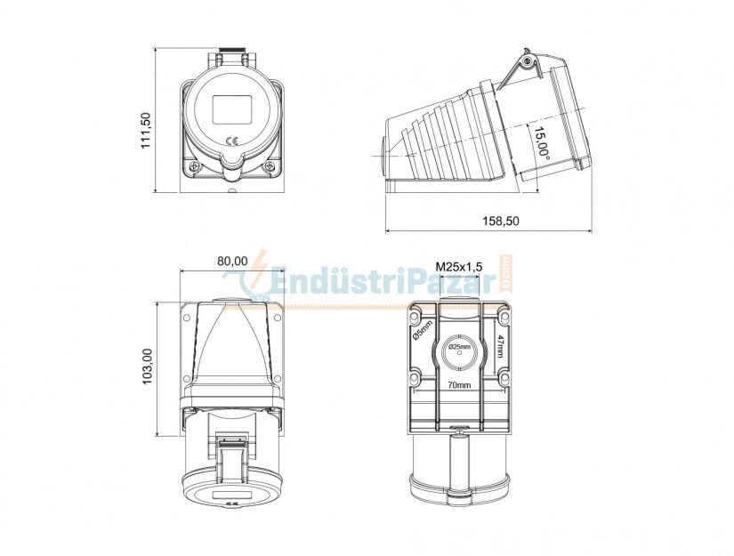 5*32A 380V 90° Eğik Duvar Priz IP44 BC1-3505-2535 BEMİS