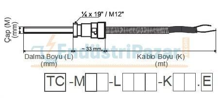 TC-M06-L030-K05.J M12 KONNEKTÖRLÜ DALMA BOYU 30MM TÜP ÇAPI 6 MM 5MT KABLOLU BAYONET J TİPİ TERMOKUPL EMKO