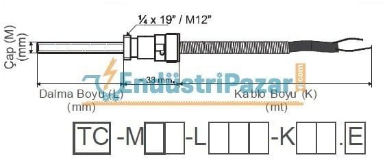 TC-M08-L012-K03.J DALMA BOYU 12MM TÜP ÇAPI 8 MM M12 KONNEKTÖRLÜ 3MT KABLOLU BAYONET J TİPİ TERMOKUPL EMKO