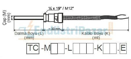 TC-M06-L030-K1,5.J M12 KONNEKTÖRLÜ DALMA BOYU 30MM TÜP ÇAPI 6 MM 1,5MT KABLOLU BAYONET J TİPİ TERMOKUPL EMKO