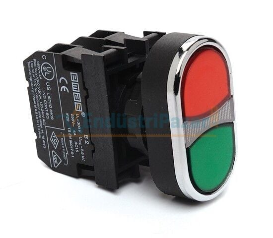 DÜZ KAFALI, YAYLI İKİZ 1NA+1NK START-STOP BUTONU KIRMIZI YEŞİL 22mm IP50 B102K20KY EMAS