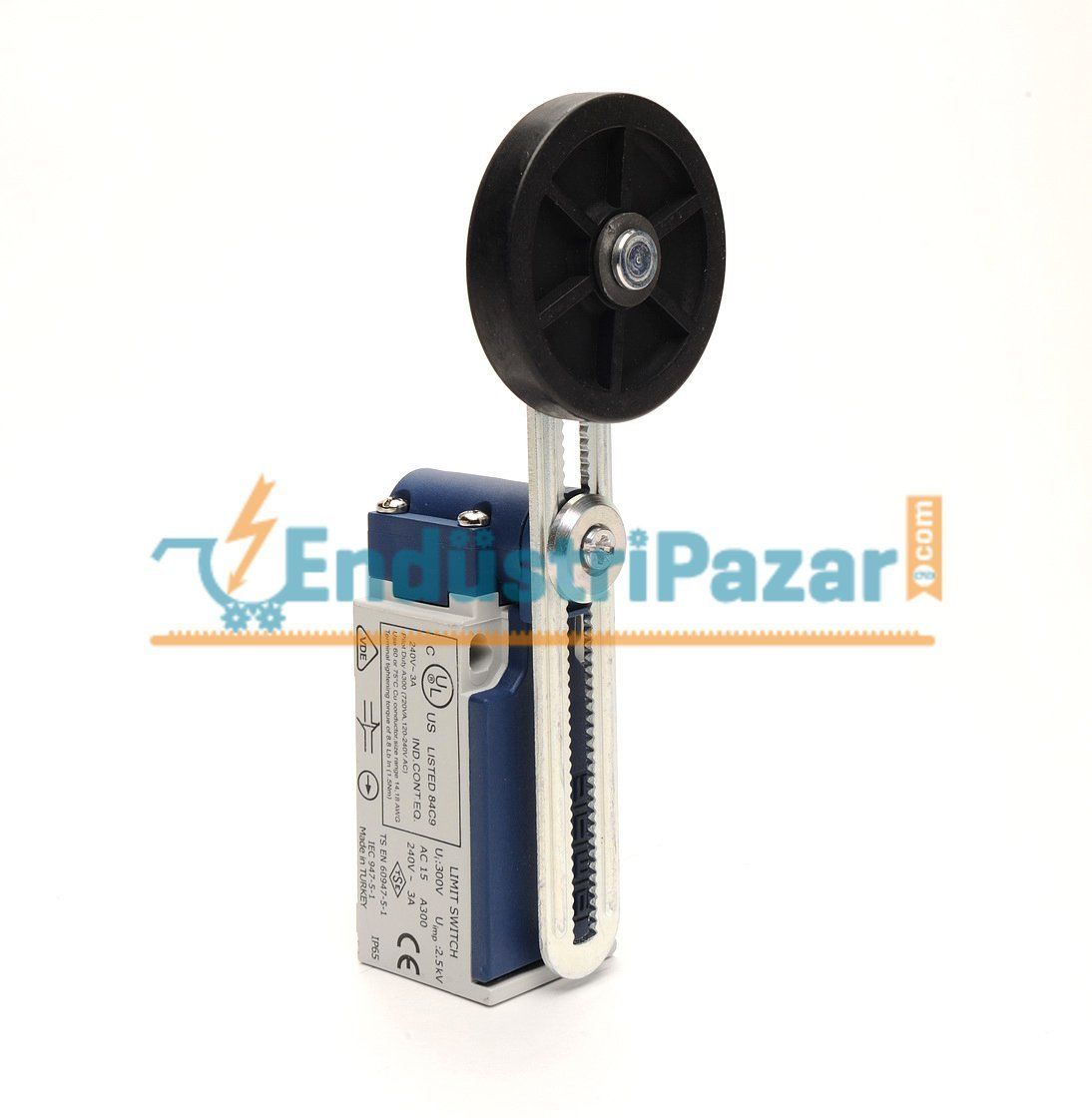 L5K13MEL123 AÇISAL HAREKETLİ 50 MM AYARLANABİLİR LASTİK MAKARALI UZUN DÖNER KOL SINIR ŞALTERİ EMAS
