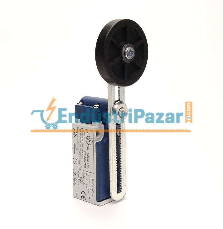 L5K13MEL123 AÇISAL HAREKETLİ 50 MM AYARLANABİLİR LASTİK MAKARALI UZUN DÖNER KOL SINIR ŞALTERİ EMAS