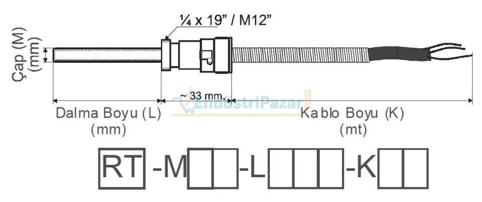RT-M06-L030-K01 DALMA BOYU 30MM TÜP ÇAPI 6MM 1/4*19`` KONNEKTÖRLÜ 1MT KABLOLU BAYONET PT-100 EMKO