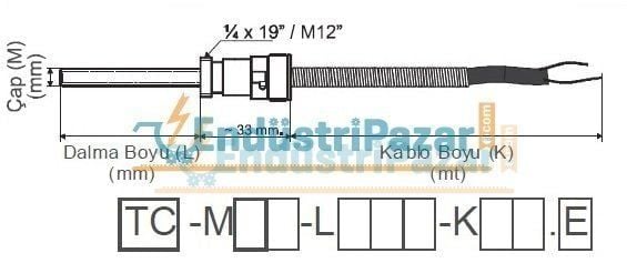 TC-M08-L012-K01.K 1/4*19`` KONNEKTÖRLÜ DALMA BOYU 12MM TÜP ÇAPI 8 MM 1MT KABLOLU BAYONET K TİPİ TERMOKUPL EMKO