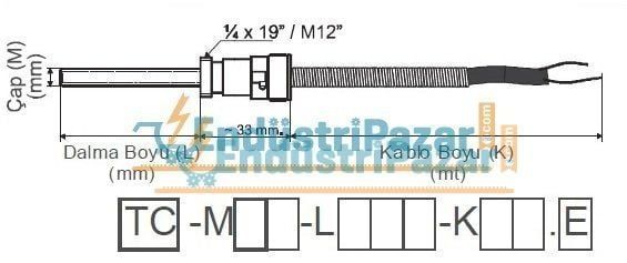 TC-M08-L012-K02.K 1/4*19`` KONNEKTÖRLÜ DALMA BOYU 30MM TÜP ÇAPI 8 MM 2MT KABLOLU BAYONET K TİPİ TERMOKUPL EMKO