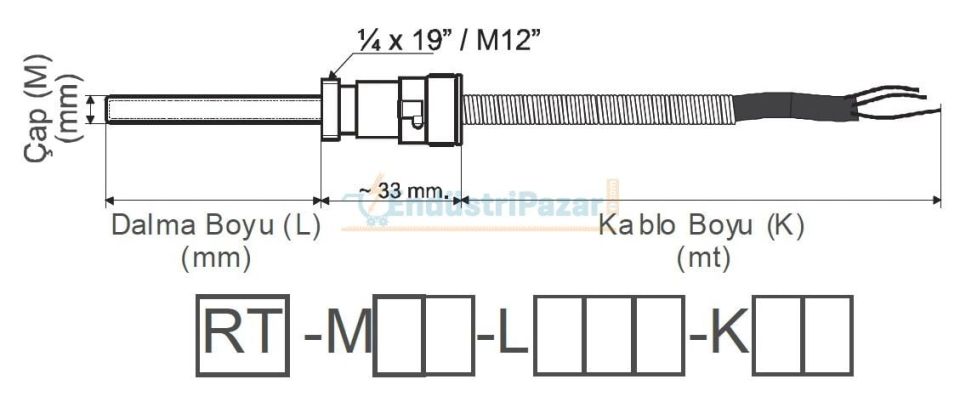 RT-M08-L030-K04 DALMA BOYU 30MM TÜP ÇAPI 8MM M12 KONNEKTÖRLÜ 4MT KABLOLU BAYONET PT-100 EMKO