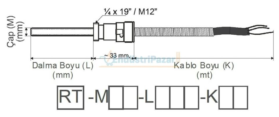 RT-M08-L100-K04 DALMA BOYU 100MM TÜP ÇAPI 8MM 1/4*19`` KONNEKTÖRLÜ 4MT KABLOLU BAYONET PT-100 AISI304 EMKO