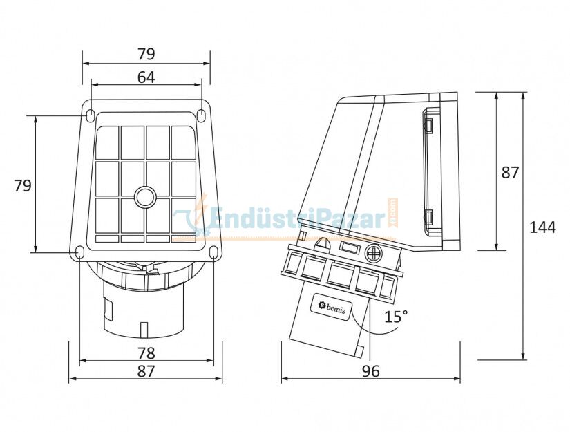 4*16A 380V 90° Eğik Duvar Fiş IP67 BC1-1504-7236 BEMİS