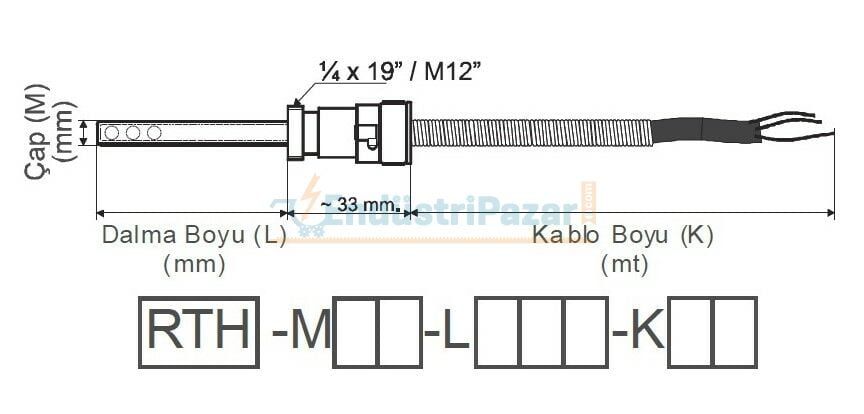 RTH-M06-L040-K03 DALMA BOYU 40MM TÜP ÇAPI 6MM M12 KONNEKTÖRLÜ 3MT KABLOLU HAVA TİP BAYONET PT-100 EMKO