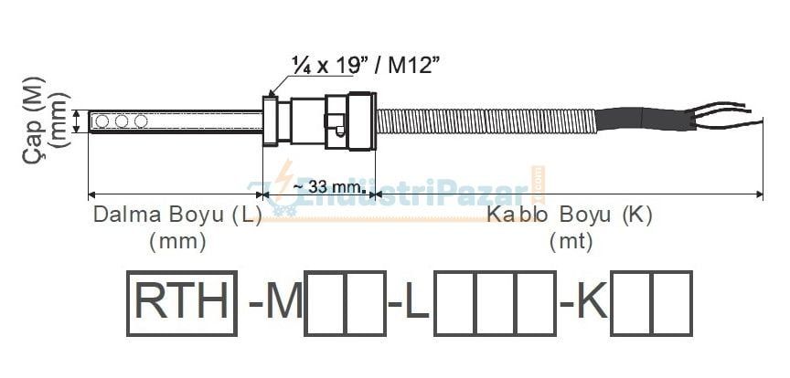 RTH-M06-L040-K05 DALMA BOYU 40MM TÜP ÇAPI 6MM 1/4*19`` KONNEKTÖRLÜ 5MT KABLOLU HAVA TİP BAYONET PT-100 EMKO