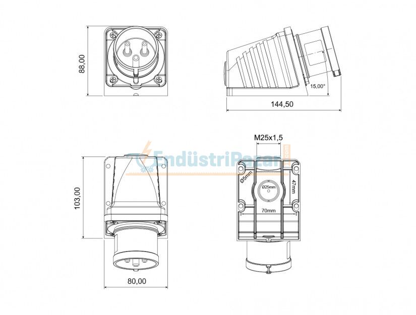 3*32A 110V 90° Eğik Duvar Fiş IP44 BC1-3303-2236 BEMİS