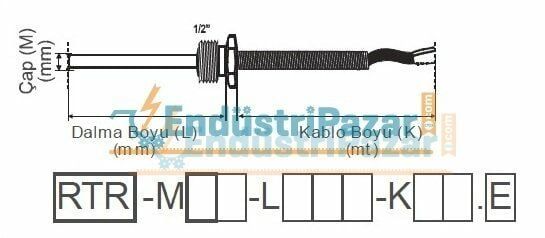 RTR-M06-L050-K05.2 DALMA BOYU 50MM TÜP ÇAPI 6MM 1/2`` REKORLU 5MT KABLOLU BAYONET 2*PT-100 AISI316 EMKO