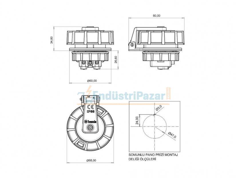 1*16A Vidalı Bağlantılı Somunlu Pano Priz BS1-1402-7440 IP68 BEMİS