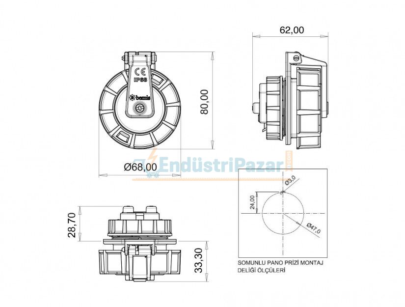 1*16A Hızlı Bağlantılı Somunlu Pano Priz BS1-1402-7446 IP68 BEMİS
